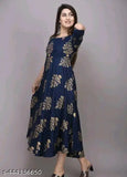 Rayon three-quarter sleeve women's printed full long gown kurti, vibrant pattern on traditional Indian attire