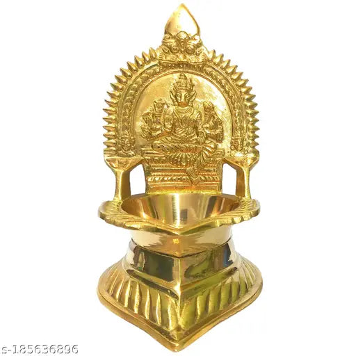 Brass antique Varahi Deepam figurine - intricately encarved Indian god idol with boar face & human body, holding weapons, seated on decorative base