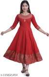Red printed rayon angrkhi women's kurti with three-quarter sleeves, gold pattern, flared style