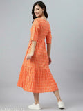 Orange cotton kurti with printed combo, three-quarter sleeves by Taj Trends. Women's XS to XXL sizes available