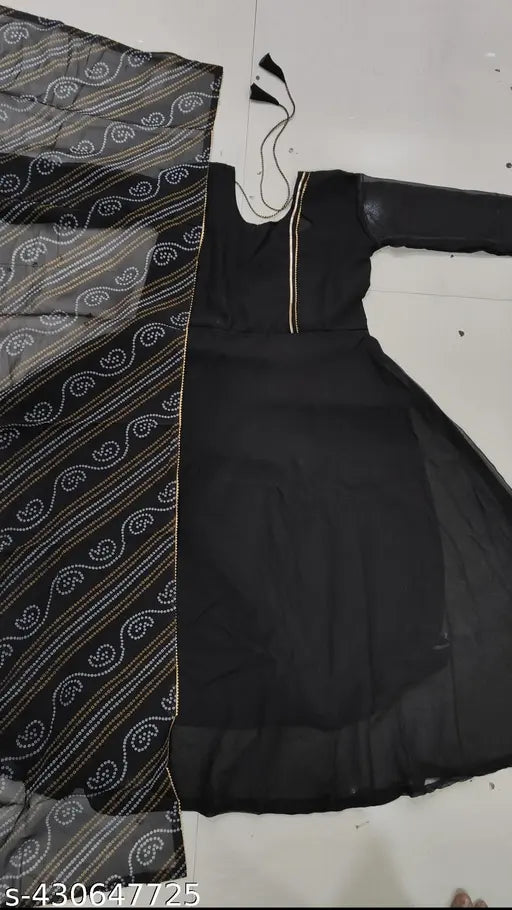 Black georgette gawn with duppata, solid black, long sleeves, Indian traditional wear