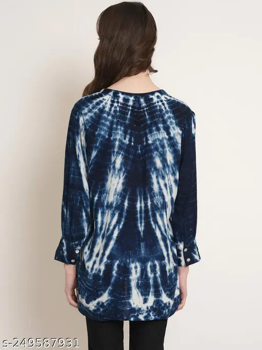 Blue white viscose rayon slub shirt, printed net tie-dye design, long sleeves, Indian origin