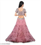Embroidered floral printed net lehenga choli for girls, Indian traditional wear with sleeveless top and matching dupatta on display