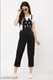 Cotton-blend black cat print women's dungaree with short sleeves, round neck - M S Fashion House India