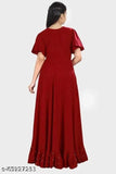 Maroon embellished net rayon frock for girls, high-grade fabric, full-length flared style