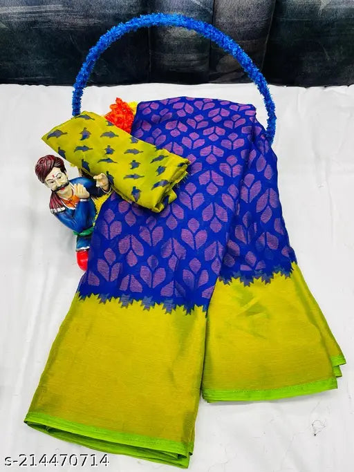 Chiffon Madhav NX Fancy Brasso saree with unstitched chiffon running blouse, features digital geometric print and zari border work, free size, India origin