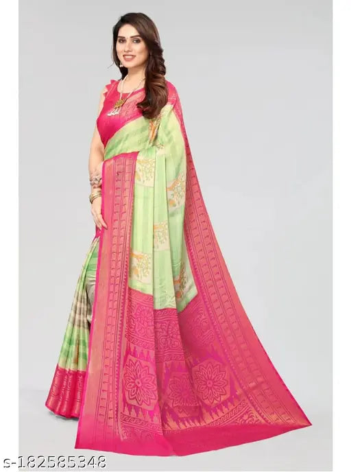 Chiffon Brasso printed saree with semi-stitched blouse, perfect for parties, weddings, or festivals. Indian origin." (123 characters)