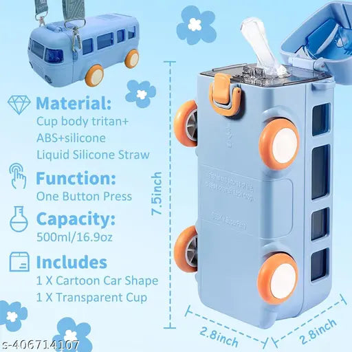 Blue plastic portable bus-shaped water bottle with detachable design, leak-proof flip lid, and shoulder strap for kids, perfect for outdoor activities