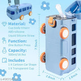 Blue plastic portable bus-shaped water bottle with detachable design, leak-proof flip lid, and shoulder strap for kids, perfect for outdoor activities