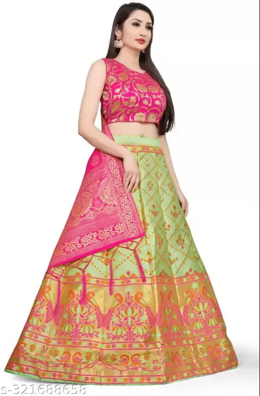 Banarasi Jacquard lehenga choli set in semi-stitched, silk with floral ethnic motif for festivals and marriages, India