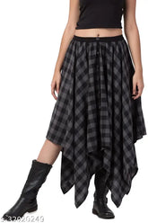 Checkered grey cotton party skirt for women, asymmetrical design with elastic closure and mock button, Hive91, approx length 37" (size 26-36), India origin