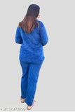Blue women's woolen winter night suit with long sleeves, solid pattern, available in sizes M & L