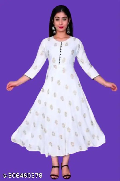 Rayon gold-print Anarkali Kurti by Shree Ji Enterprises, three-quarter sleeve, Indian traditional women's fashion on mannequin