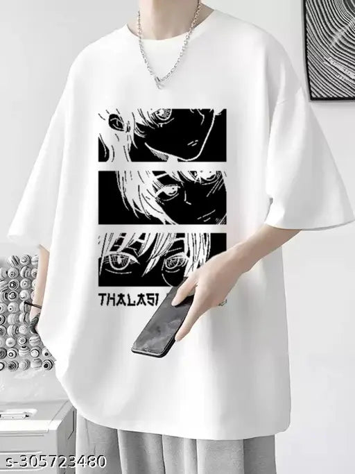 White anime print round neck half sleeve baggy fit 100% cotton t-shirt for men, comfortable to wear