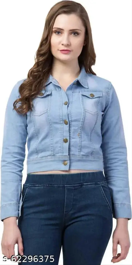 Light blue denim full sleeve jacket for women, solid pattern, XS to XL sizes available