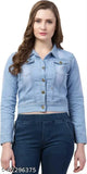 Light blue denim full sleeve jacket for women, solid pattern, XS to XL sizes available