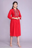 Rayon embroidered kurti with 3/4 sleeves, 44'' length, mandarin neck - Indian fashion wear