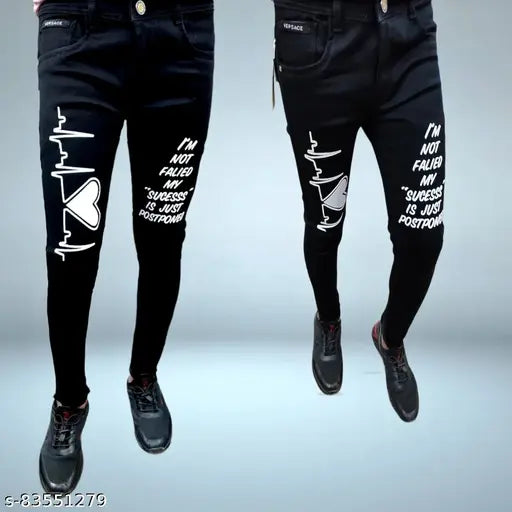 Men's black denim heartbeat printed funky Amazig look jeans - new trending, mildly distressed mid-rise design with belt loops