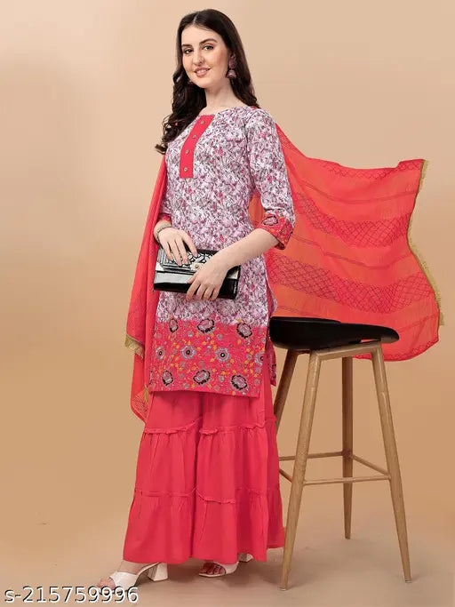 Designer rayon kurta with sharara set Dupatta, embroidered digital print on Reyon fabric, stitched sharara bottom and taping border dupatta, cotton-made accessories for women's M, L, XL sizes