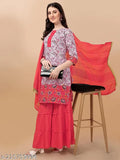 Designer rayon kurta with sharara set Dupatta, embroidered digital print on Reyon fabric, stitched sharara bottom and taping border dupatta, cotton-made accessories for women's M, L, XL sizes