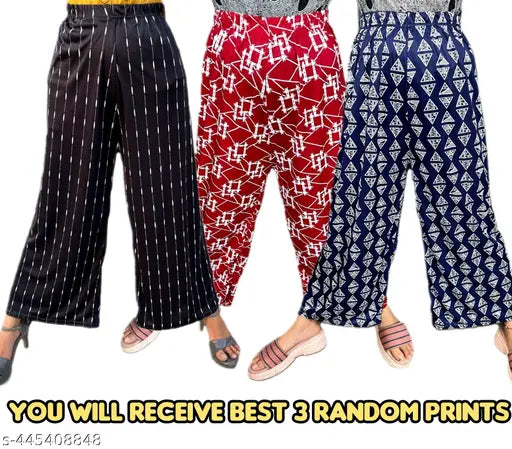 Soft lycra printed women's pyjama/Palazzo pants combo pack (3), free size, suitable for daily wear