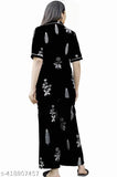 Black cotton printed night suit for women and girls, featuring solid patterns and buttery soft, comfy fabrics. Indian-crafted satin nightwear set ideal for sleep and loungewear