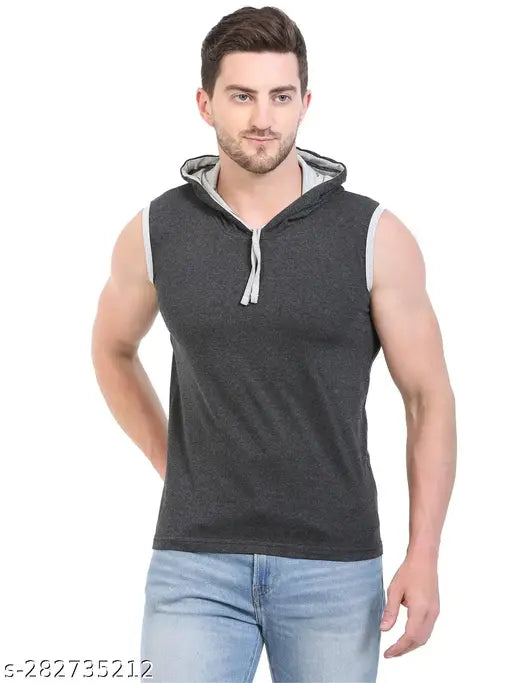 Cotton sleeveless hoodie neck solid t-shirt for men, stay cool and comfy this summer, India made