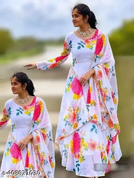 Georgette heavy gown with floral digital print dupatta set, featuring pearls lace border, ideal for parties and festivals
