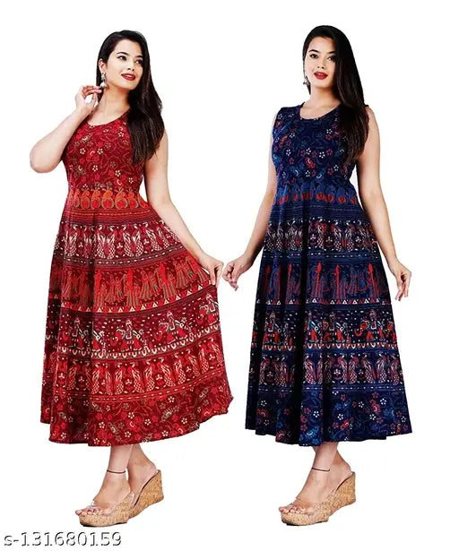 Multicolor Rajasthani printed cotton maxi dress, free size with 44 inch bust, Indian fashion