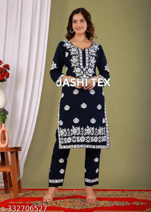 Rayon chikankari riyon kurta pant set, printed net, three-quarter sleeves, Indian ethnic wear