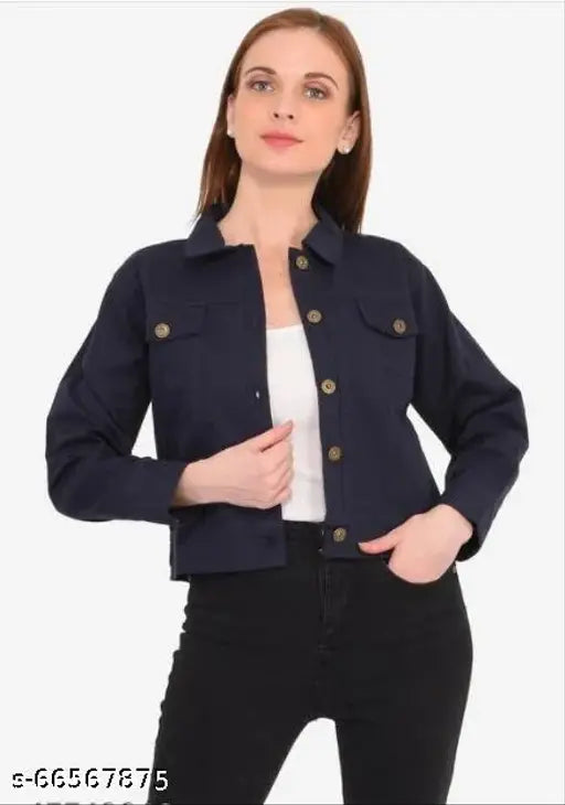 Trendy denim full-sleeve cotton jacket, solid design for women or girls, size S (Bust 34in, Length 18in), made in India