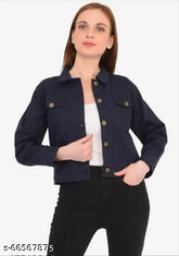 Trendy denim full-sleeve cotton jacket, solid design for women or girls, size S (Bust 34in, Length 18in), made in India