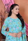 Indian printed Georgette Anarkali gown with dupatta, long sleeves, delicate lace detailing, vibrant floral design. Women's ethnic wear for special occasions." (124 characters)