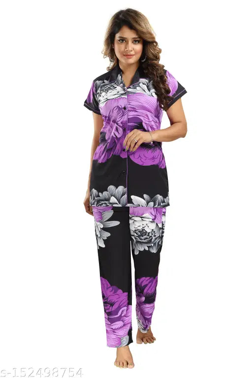 Flower print satin nightsuit for women/girls, printed satin set with short sleeves and matching bottom pyjamas