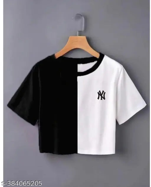 Colorblocked cotton crop top, short sleeves, women's fashionable apparel