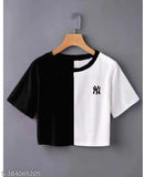 Colorblocked cotton crop top, short sleeves, women's fashionable apparel