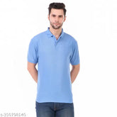 Light blue cotton blend solid collar t-shirt for men, short sleeves, made in India