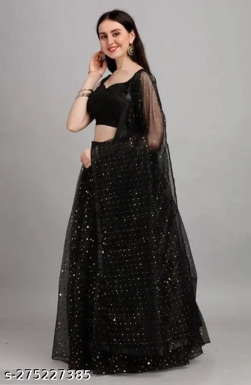 Black satin lehenga with net dupatta and embellished designs for semi-stitched traditional Indian wear, size 42" waist x 43" length