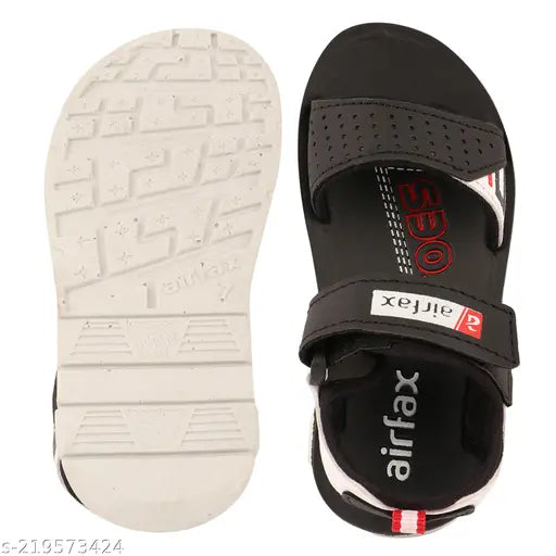 Black PU sandal floater for kids, featuring printed net design and adjustable Velcro fastening. Ideal for outdoor activities, made in India