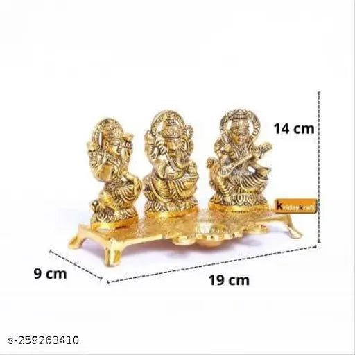 Gold-plated Laxmi Ganesh Saraswati Idol Set, traditional Indian temple decor with diya (14 cm height)