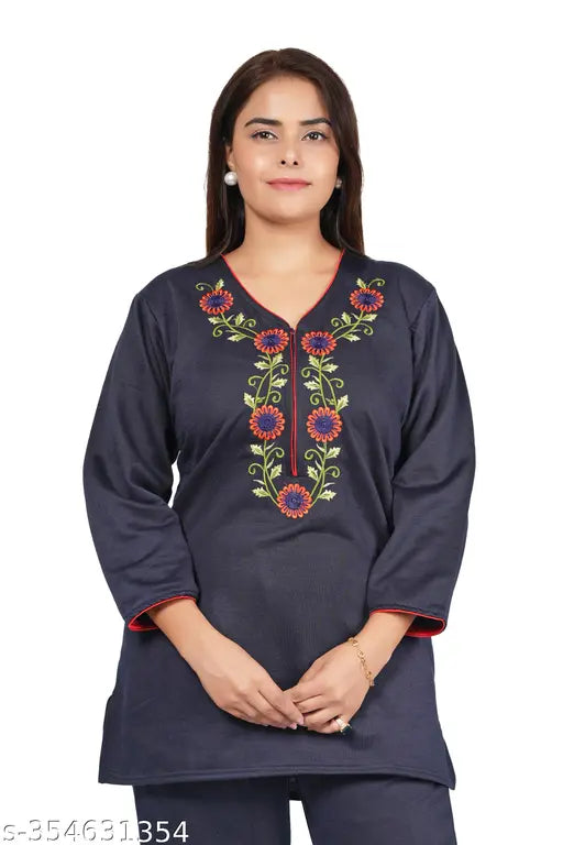 Woolen winter fleece nightwear top and pyjama with pocket in embroidered net design, super soft wool fabric, ideal for daily use in winters