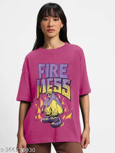 Graphic printed cotton oversize regular T-shirt for women in loose fit, short sleeves, available in sizes S-XXL