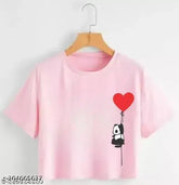 Deepmayra women's panda print crop top, 100% cotton, short sleeves, round neck, summer wear