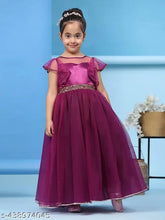 Purple net embroidered party dress for kids, 100% net fabric, short sleeves, suitable for ages 10-11 years
