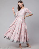 Pink cotton flared Anarkali Kurtis by Surya Creation, three-quarter sleeve, printed design. Machine washable, pure cotton fashion for women