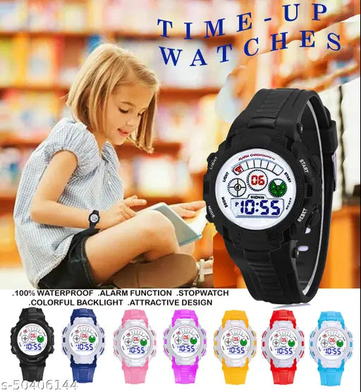 Multi-colored Time Up sports watch for kids, featuring glow light alarm & stopwatch, silicon strap, waterproof, sturdy stainless steel back cover
