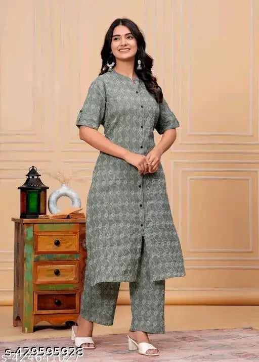 Green cotton blend kurta with palazzo, printed net design on Balaji creation. Indian kurta set for men and women in sizes M, L, XL, XXL