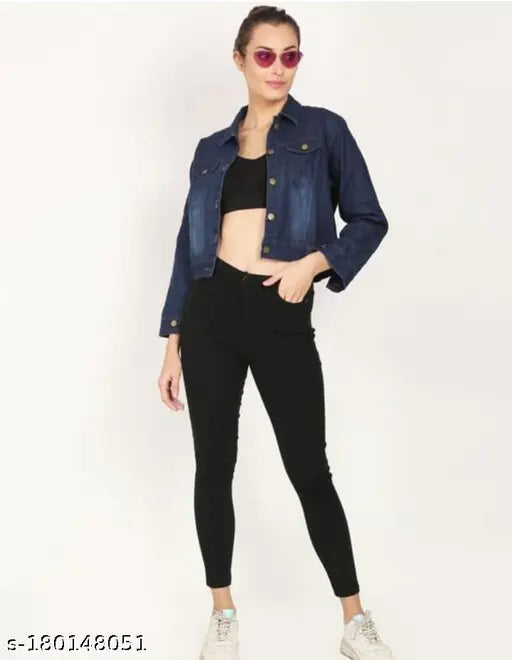 Dark blue denim jacket with three-quarter sleeves, dyed/washed plain wash design. Women's size S-XL, made in India