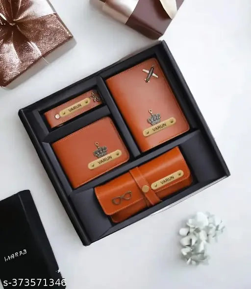 Tan PU 4-in-1 custom gift set: Personalized wallet, sunglasses cover, keychain & passport cover, sleek design, premium quality