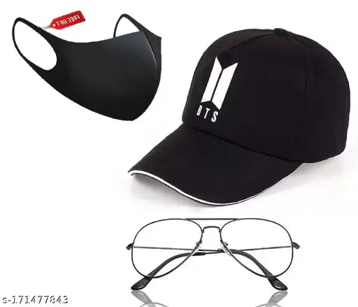 Black cotton BTS embroidered baseball cap, clear lens aviator sunglasses, black polarized mask set - pack of 3 for men and boys from India